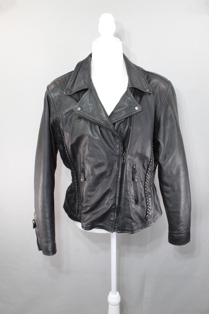 Vintage Black Braided Leather Moto Biker Removable Insulated Jacket Womens Large